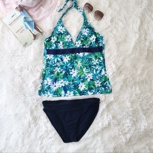 Navy aqua  white floral tankini print halter solid navy bottoms Nautica …